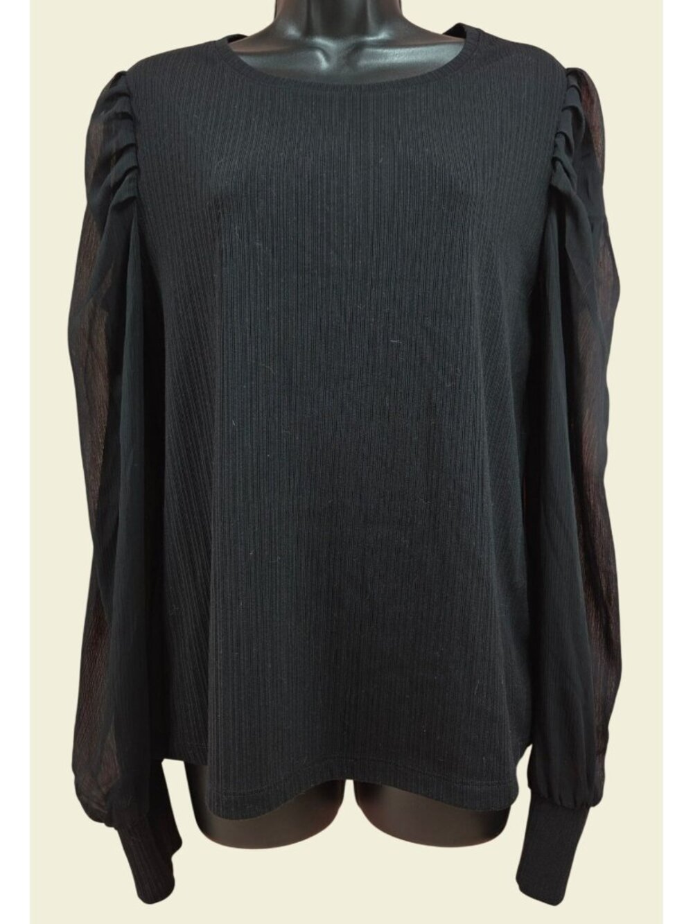 Nine West Black Ribbed Blouse Large - Sheer Ruched Sleeves